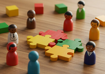 children playing with puzzle pieces, colorful wooden toy blocks, RelevanceColorful wooden figures represent diverse people connecting on jigsaw pieces. Teamwork, diversity concept visualizgame of game