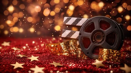 Film reel and clapperboard on red glitter