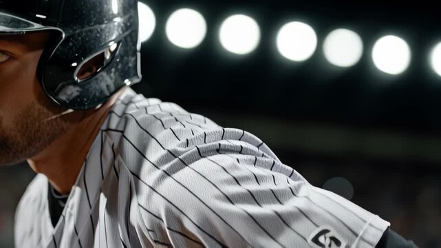 Focused Baseball Player in Striped Jersey and Helmet Prepares to Bat Under Bright Stadium Lights with Intense Focus