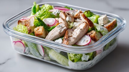 A fresh Caesar salad packed with chicken, mayonnaise, and vegetables, perfectly presented in a plastic container, ideal for healthy meal prep.