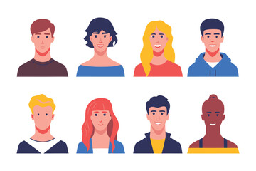 Human Portraits Collection: An ensemble of diverse and expressive human portraits. Each individual, rendered with a flat, minimalist design, portrays various emotions.