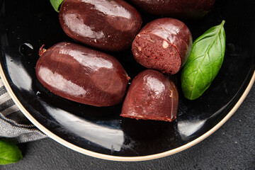 Black pudding sausage fresh delicious gourmet food background on the table rustic food top view...