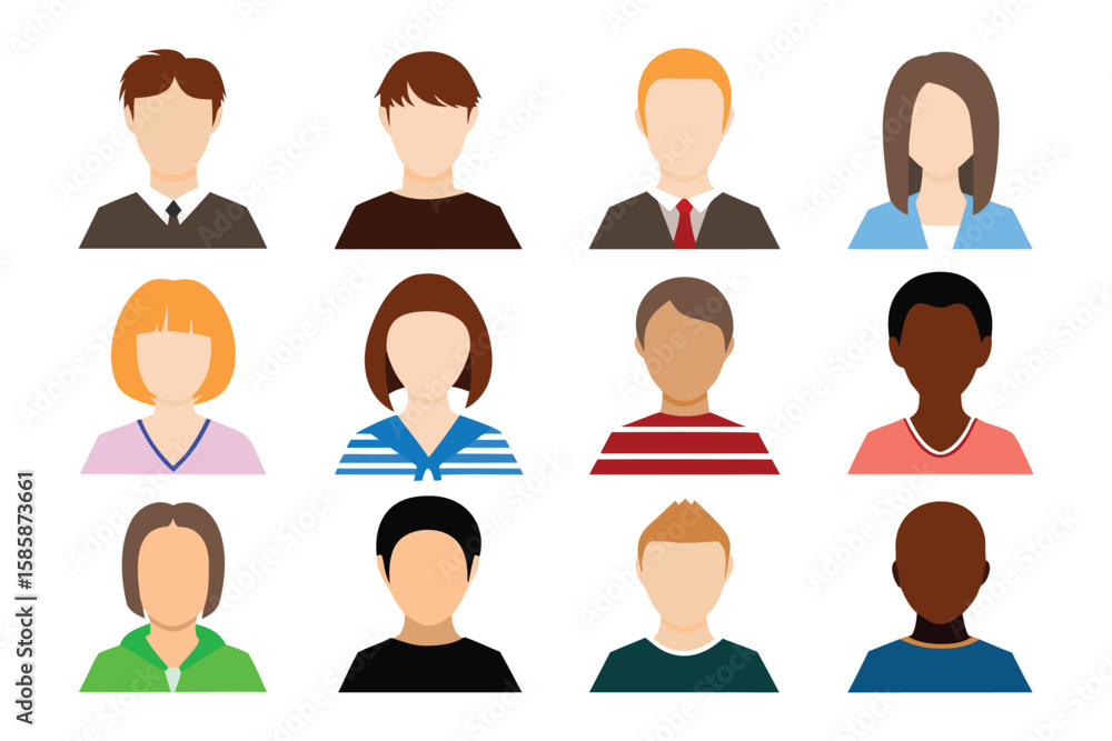 Poster avatar collection: a diverse set of faceless avatar icons represents different people for profile pi