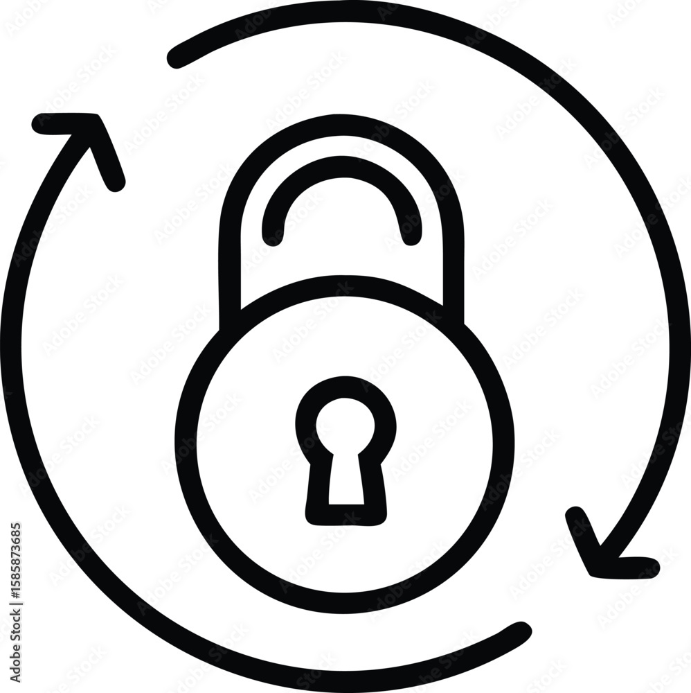 Poster padlock with circular arrows icon in outline design for security concept