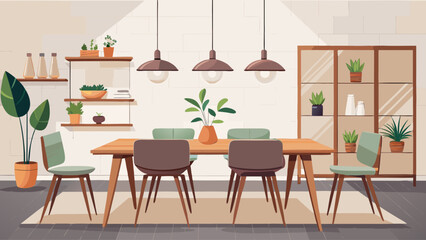 Minimalist dining room with wooden table, four chairs, pendant lighting, and neutral tones, isolated on white background. Stylish interior design. Vector illustration