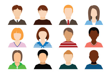 Avatar Collection: A diverse set of faceless avatar icons represents different people for profile pictures or user interfaces. Demonstrating representation of diversity and inclusion.