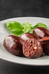 Black pudding sausage fresh delicious gourmet food background on the table rustic food top view copy space