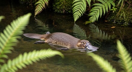 Platypus swimming in a tranquil stream surrounded by ferns.