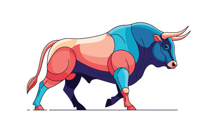 Powerful muscular bull charging forward with determined stride and fierce expression illustration