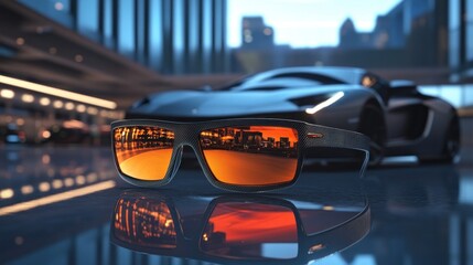 Modern sunglasses reflecting cityscape