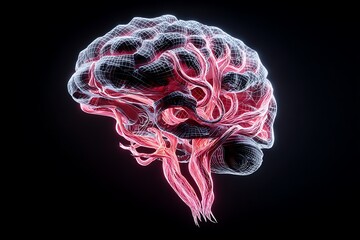 A futuristic human brain made of neon glowing lines, hovering on a sleek black background, representing advanced neural technology.