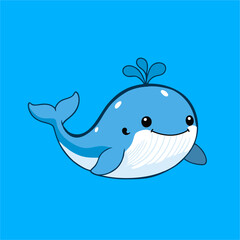 Fototapeta premium A cheerful, cartoon blue whale swimming against a bright blue background.