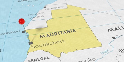 Obraz premium Mauritania, Nouakchott - push pin on political map - 3D illustration