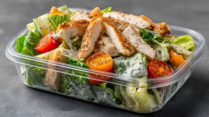 A fresh Caesar salad packed with chicken, mayonnaise, and vegetables, perfectly presented in a plastic container, ideal for healthy meal prep.
