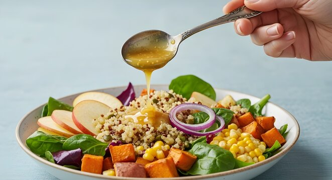 Mujer vertiendo aceite de semilla de calabaza sobre el taz&oacute;n de buda de la camote