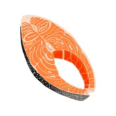 A stylized, minimalist graphic illustration of a salmon steak. The design features vivid orange meat with detailed white lines and a bold black skin outline. Ideal for use in health food menus, nutrit