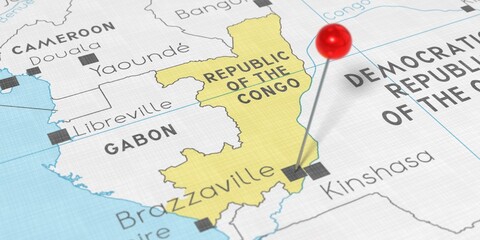Republic of the Congo, Brazzaville - push pin on political map - 3D illustration © PX Media