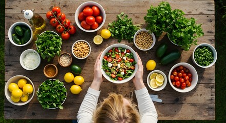 Vista superior ingredientes y verduras en una ensalada