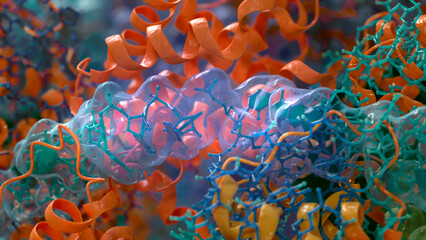 Abstract colorful 3D rendering of molecular and biochemical structures, symbolizing biotechnology and chemistry.