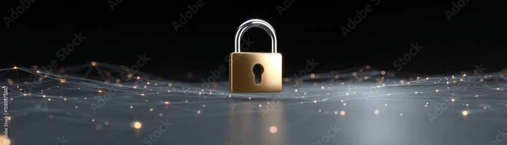 Poster a golden padlock floats above a network of interconnected digital nodes, symbolizing cybersecurity a