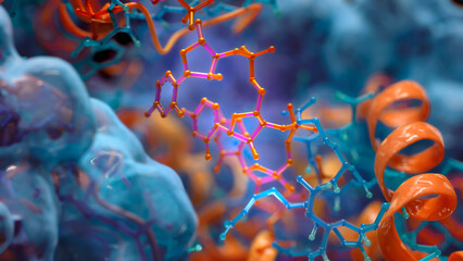 Abstract colorful 3D rendering of molecular and biochemical structures, symbolizing biotechnology and chemistry.