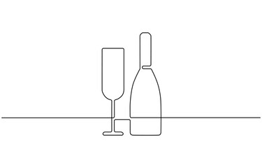 champagne bottles with cork shooting. One line drawing of an isolated vector object, Champagne explosion. Line icon with sunbursts.