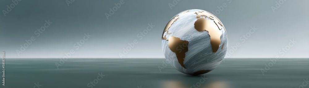 Poster a metallic globe with brown continents floats above a smooth surface against a muted gradient backgr