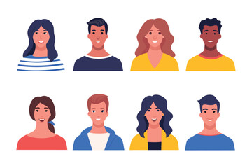 Diverse Faces: A collection of vibrant headshot portraits of people, representing a spectrum of personalities and backgrounds, all captured in a flat, illustrative style. 
