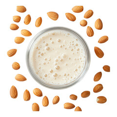 Glass of almond milk surrounded by whole almonds isolated on transparent background