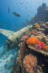 Underwater Airplane Wreckage Transformed into Vibrant Coral Reef Ecosystem Thriving with Marine Life and Tropical Fish