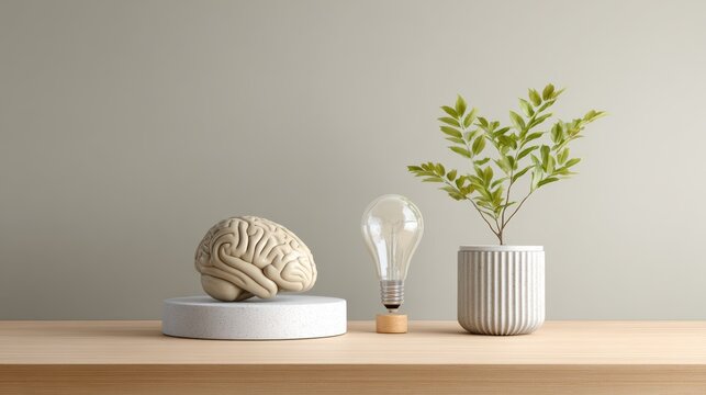 A brain model, a floating light bulb, and a potted plant are arranged on a wooden surface against a neutral background. - Powered by Adobe