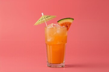 Refreshing watermelon drink with paper umbrella for summer vibes and tropical vacations