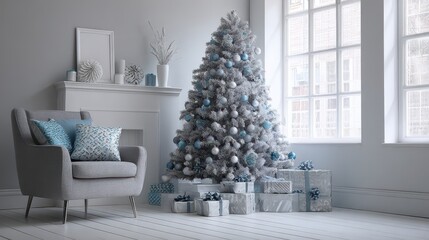 Silver ornaments and blue ribbons on Christmas tree in gray holiday interior