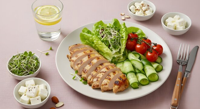Alto &aacute;ngulo de plato con comida de dieta ceto y un vaso de agua con lim&oacute;n