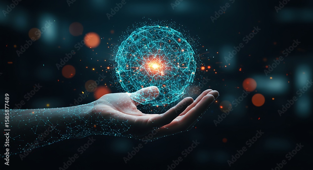 Poster hand holding a glowing digital sphere with interconnected lines and particles