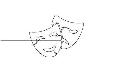 Greek theater mask drawn in continuous one line style representing comedy, theater humor smile mask one line continuous line art, Theater mask tragedy.