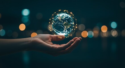 Hand Holding Illuminated Globe with Network Lines Against Bokeh Background