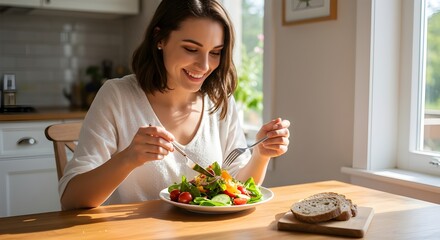 Foto sonriendo mujer joven con ensalada en casa