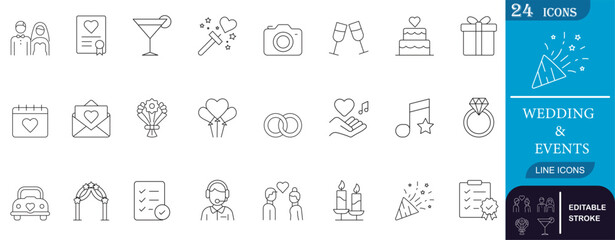 Elegant line icon set for weddings and events featuring rings, gifts, cake, decorations, and planning essentials. Perfect for invitations, branding, or event design.