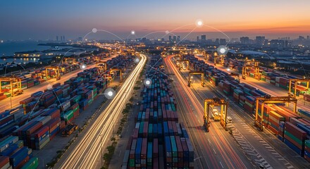 Aerial View of Shipping Port at Dusk with Container Stacks and City Lights