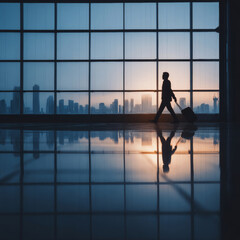 Fototapeta premium A silhouetted traveler walks with luggage in an airport terminal, reflecting the city skyline at sunset