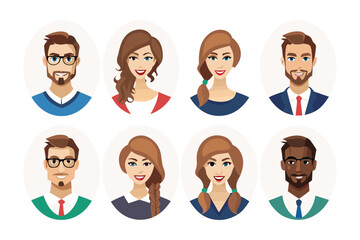 Diverse Avatar Set: A collection of eight diverse and friendly-looking avatar icons, suitable for various online platforms and digital identities.