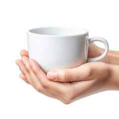 Hands holding white ceramic coffee cup