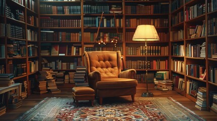 A comfortable leather armchair sits in a cozy, wood-paneled home library, surrounded by floor-to-ceiling bookshelves. A warm lamp and an ornate rug create a tranquil atmosphere for reading and study
