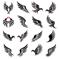 Fototapeta premium Black Silhouette Bird Wings Flying Icons Set