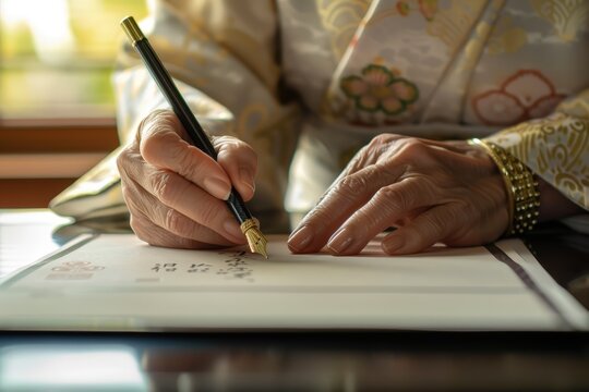 A close-up of an elderly woman's hands, dressed in a traditional Japanese kimono, meticulously writing calligraphy with an elegant fountain pen on a formal document. The scene exudes grace and traditi - Powered by Adobe