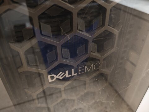 Prague,Czech Republic-May 6 2025: Dell EMC server computer covered in dust inside an industrial environment.
