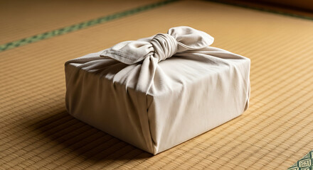Stylishly wrapped present using the furoshiki technique on a tatami mat background creates a serene, traditional Japanese aesthetic.