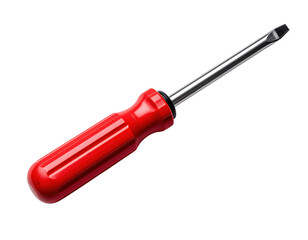 Red flathead screwdriver with chrome steel shaft and ergonomic handle isolated on transparent background