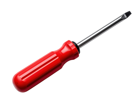 Red flathead screwdriver with chrome steel shaft and ergonomic handle isolated on transparent background